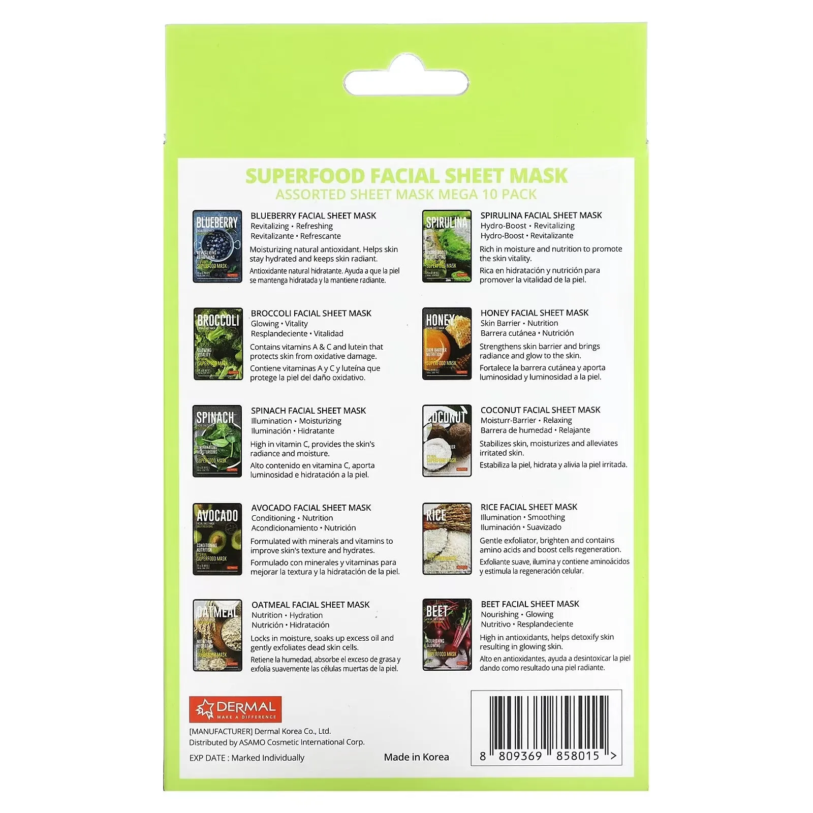 Dermal Superfood face masks assorted, 10 sheets x 25 g