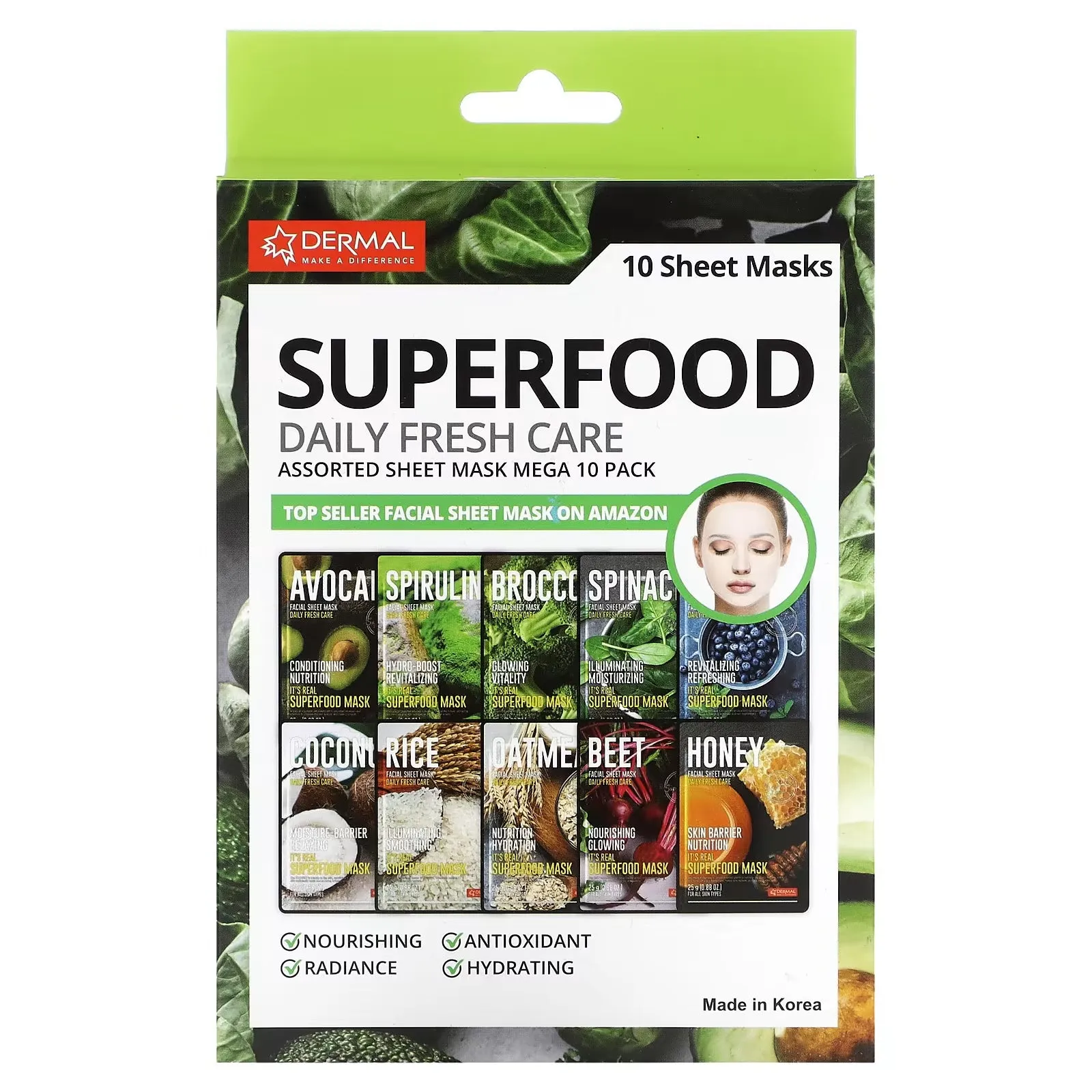 Dermal Superfood face masks assorted, 10 sheets x 25 g