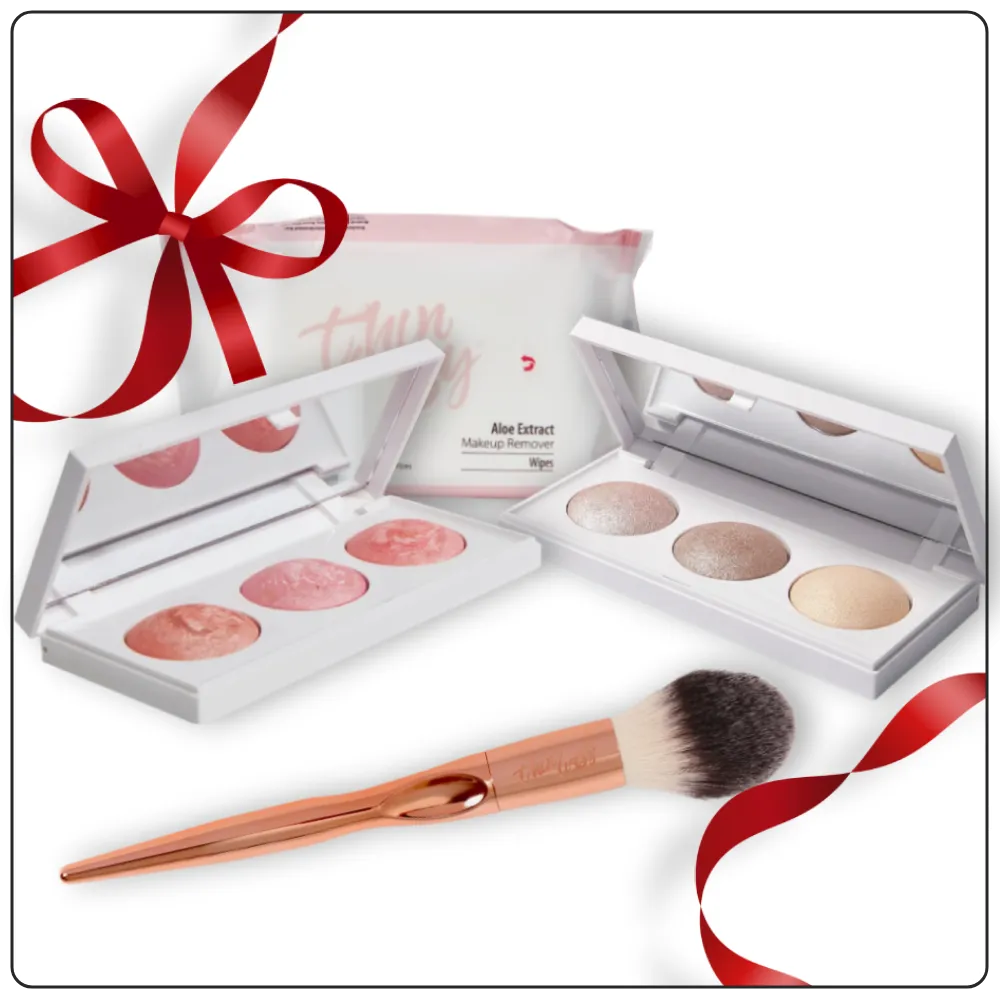 Glow and Go Bundle (Blush Trio   Highlighter Trio   Blush Brush   Free Makeup Wipes)