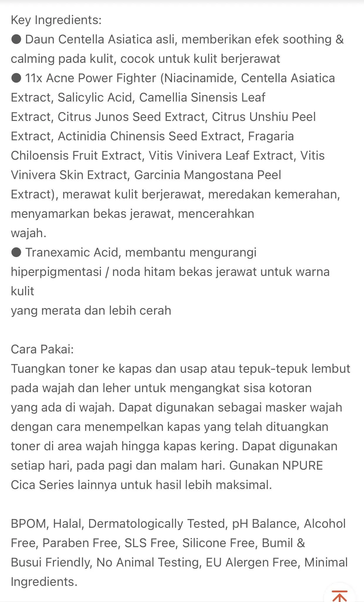 NPURE Toner Cica Acne Toner 30ml / Acne Toner / Toner Kulit Jerawat Berminyak - Travel Size Acid Berjerawat Hydrating Mencerahkan Wajah Kotoran