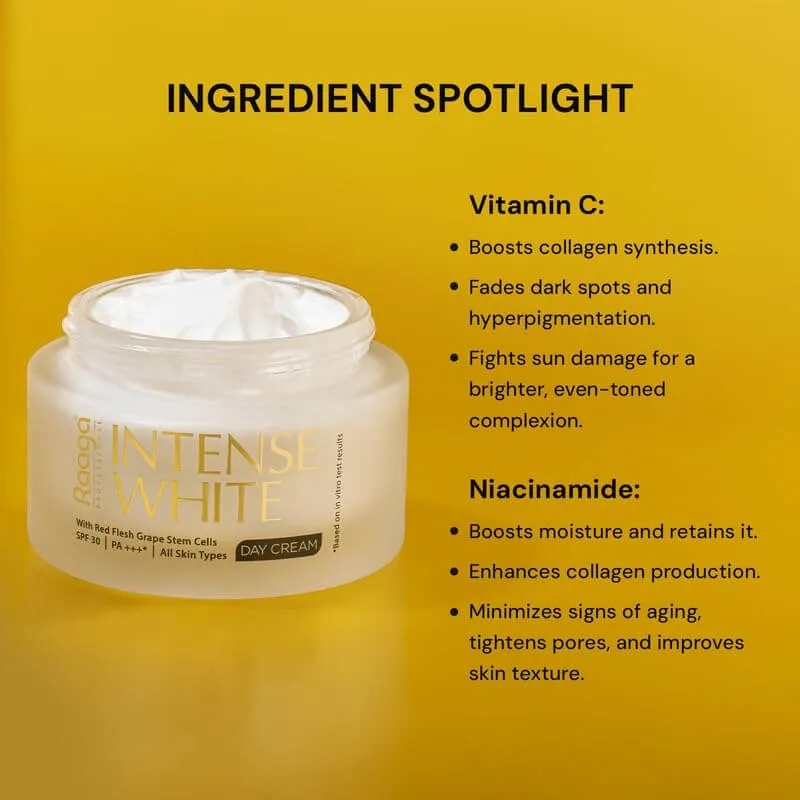Raaga Professional Intense White Day Cream | Red Flesh Grape Stem Cells | SPF 30 PA    | Nourished Skin All Day (50 gm)