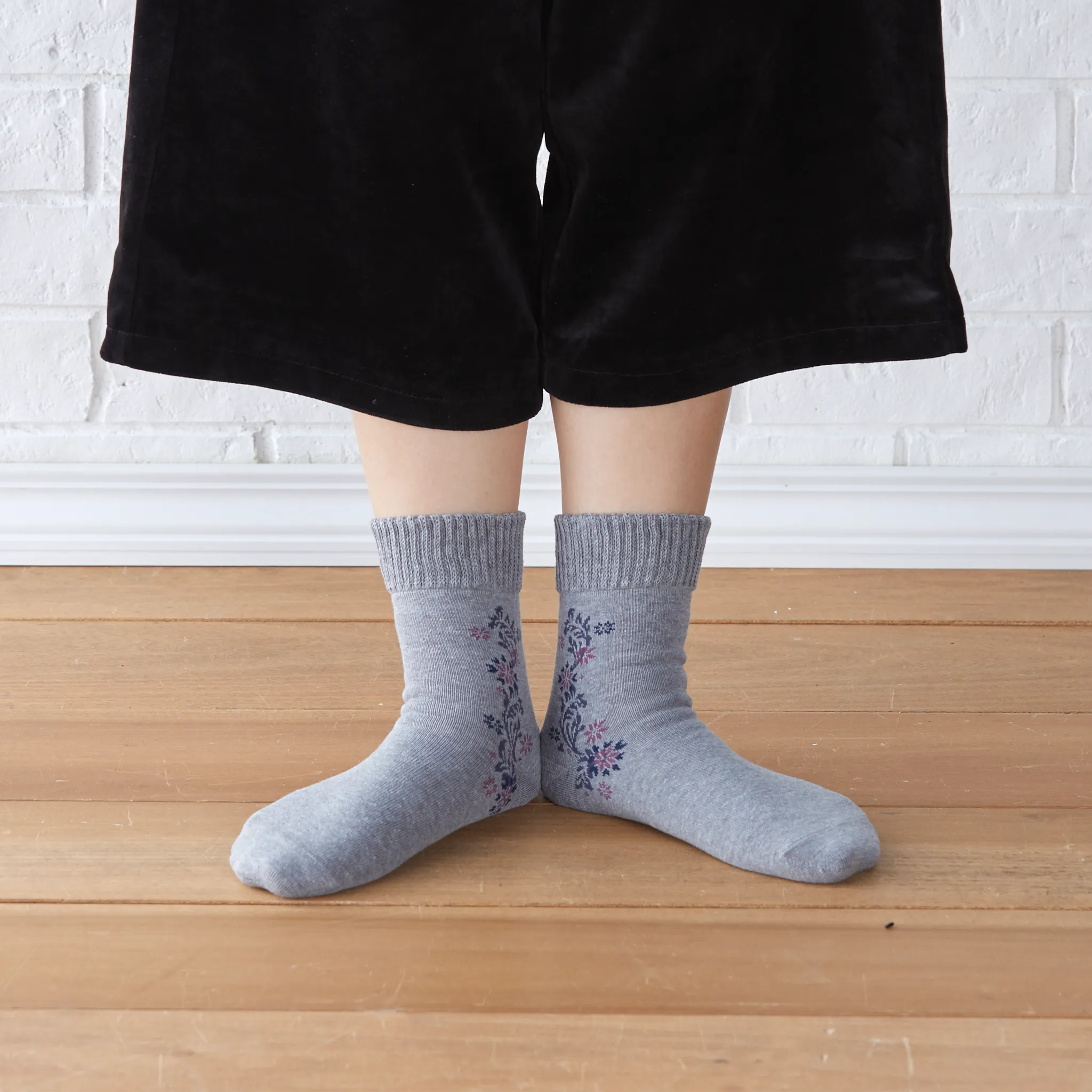 Smooth-heel socks double-layer wool blend [Flowers above ankle] - 760