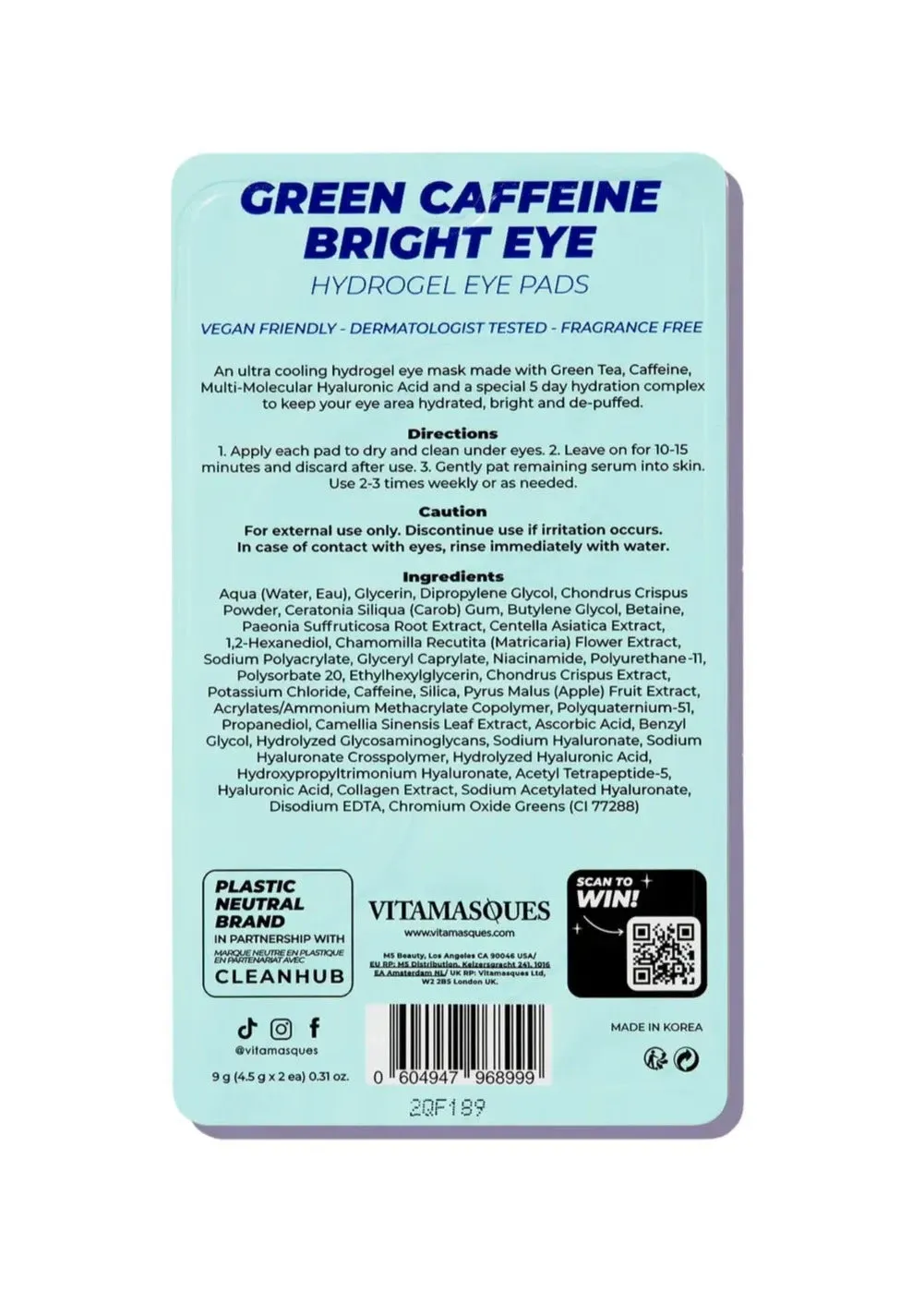Vitamasques Green Caffeine Bright Eye Hydrogel Eye Pads